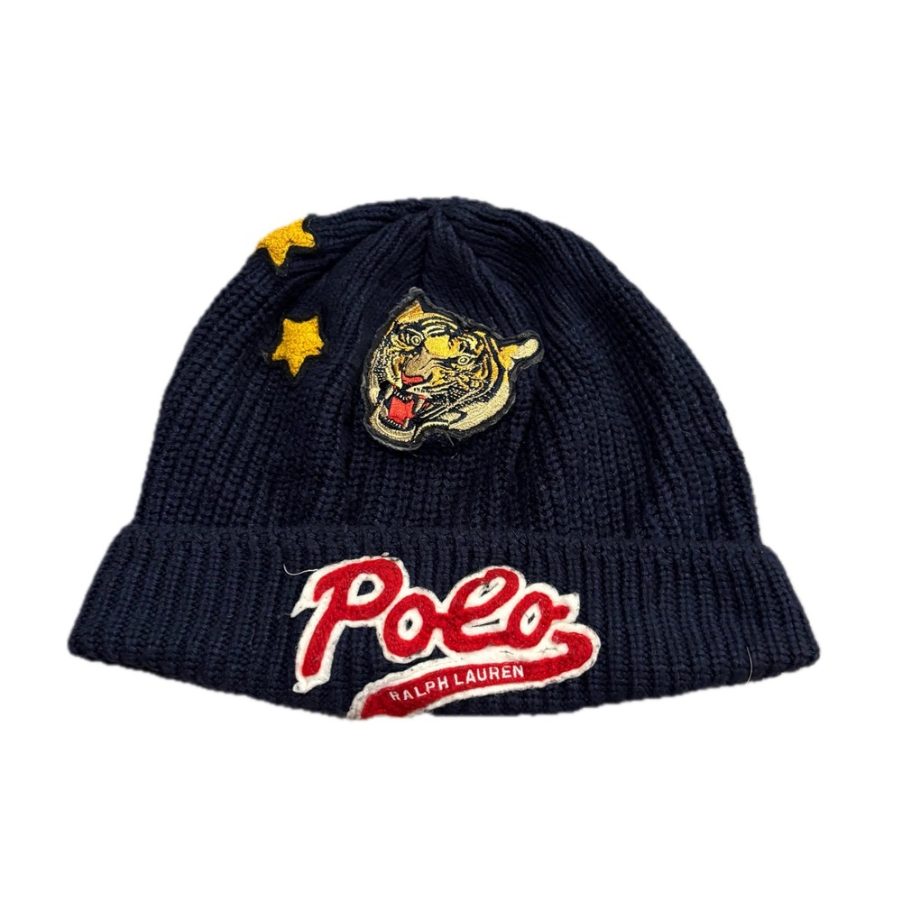 Polo Ralph Lauren Mens Navy Blue Tiger Star Patch Ribbed Knit Beanie Hat